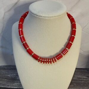 Vintage Plastic Beaded Necklace Red & Silver